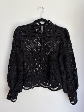 Anthropologie Black Embroidered Lace Blouse Victorian Boho Romantic Top